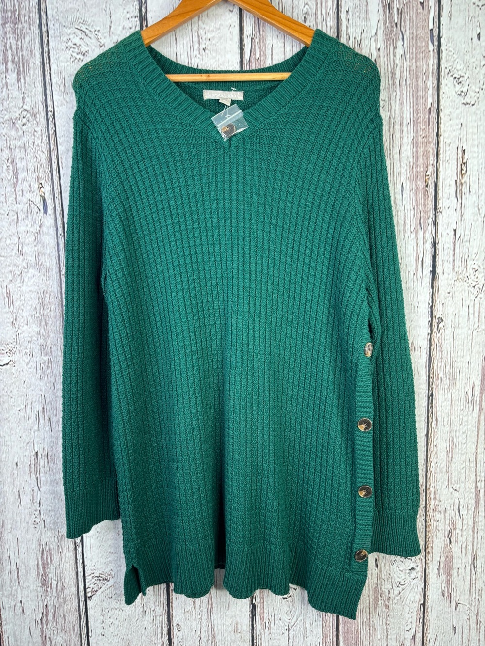 NWOT Woman Within Women’s Sz 14/16 Green Side Button V-Neck Waffle Knit Sweater